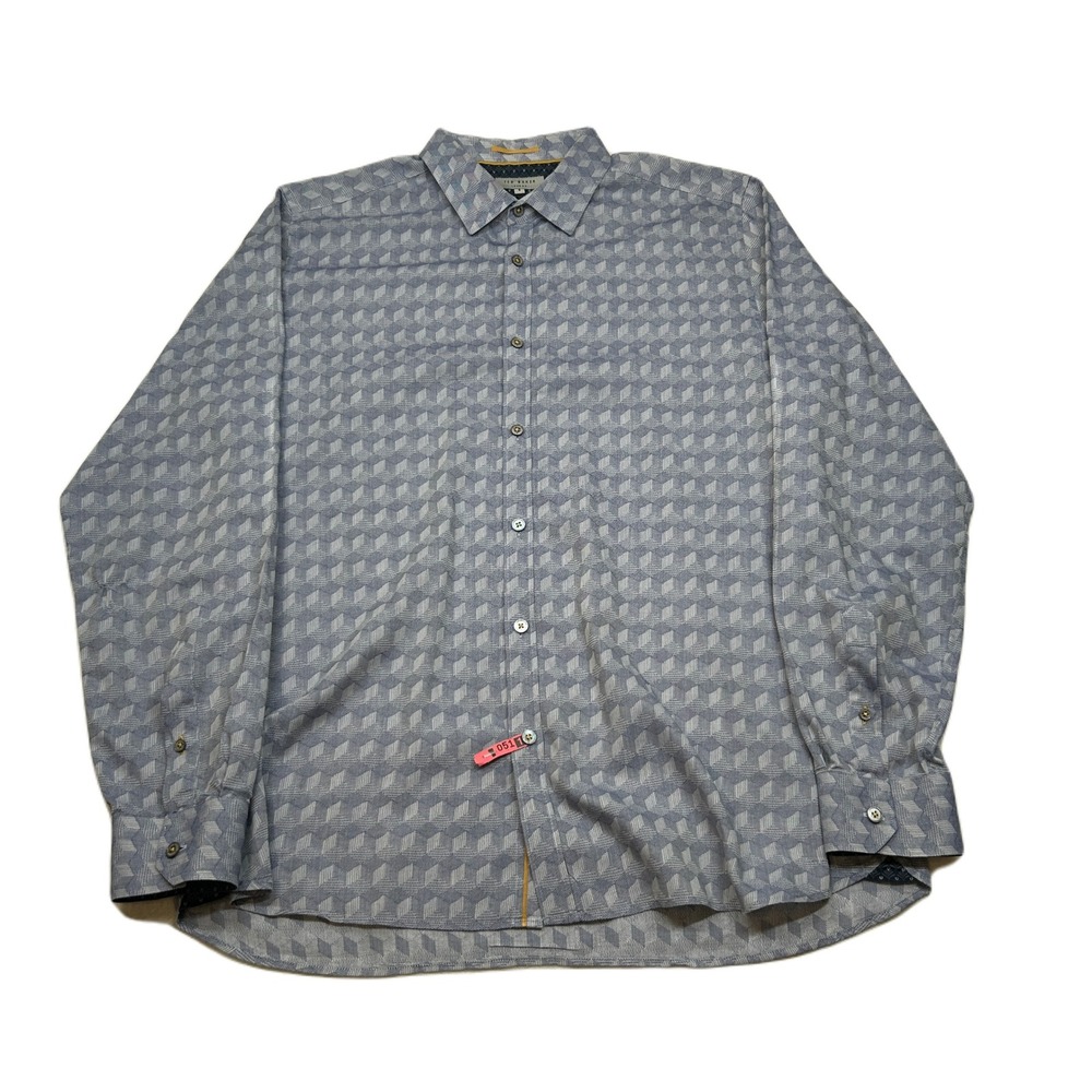 Ted Baker‎ London Shirt Mens XL 5 Blue Grey Geometric Print Long Sleeve